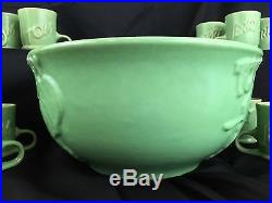 Vintage Tom & Jerry Embossed Pottery Green Glazed Punch Bowl 13 pc Ring Handle