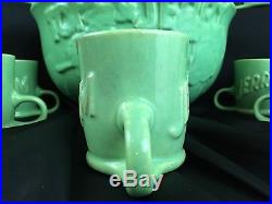 Vintage Tom & Jerry Embossed Pottery Green Glazed Punch Bowl 13 pc Ring Handle