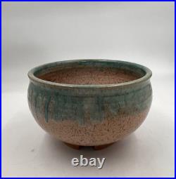 Vintage Turquoise Green Glaze and Llight Brown pottery Bowl, Signed