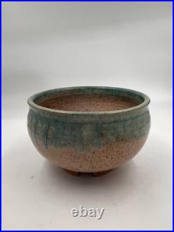 Vintage Turquoise Green Glaze and Llight Brown pottery Bowl, Signed