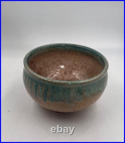 Vintage Turquoise Green Glaze and Llight Brown pottery Bowl, Signed