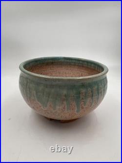 Vintage Turquoise Green Glaze and Llight Brown pottery Bowl, Signed