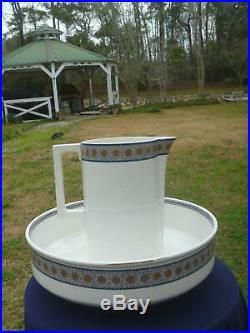 Vintage U & Cie SARREGUEMINES Large 2pc Wash Basin Bowl & Pitcher Blue Mosaic