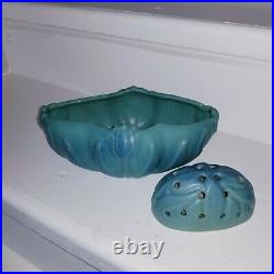Vintage VAN BRIGGLE Art Pottery Tulip Bowl Vase Turquoise Blue With Flower Frog