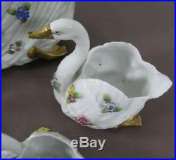 Vintage VON SCHIERHOLZ GERMANY Set 6 Porcelain Swan Bowl Planter Applied Flowers