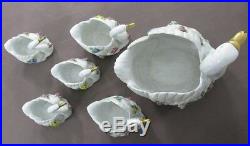Vintage VON SCHIERHOLZ GERMANY Set 6 Porcelain Swan Bowl Planter Applied Flowers
