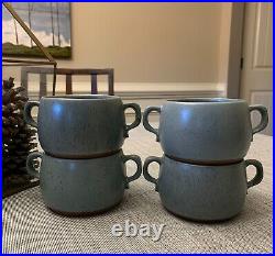 Vintage Vermont Goss Pottery Set of (4) Two-Handled Blue-Speckled Soup Bowls