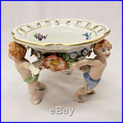 Vintage Von Schierholz Porcelain Bowl withGold Trim Held up by Three Cherubs