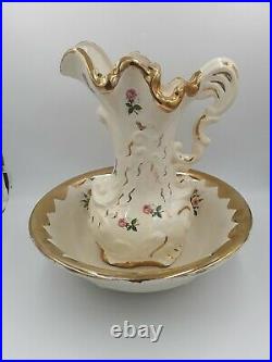 Vintage Wash Basin Bowl and Floral Pitcher Creamy white with Gold Rim and Roses
