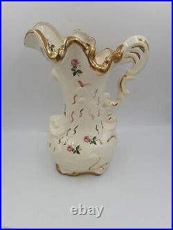 Vintage Wash Basin Bowl and Floral Pitcher Creamy white with Gold Rim and Roses