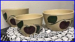 Vintage Watt Yellow Ware Red Apple Two Leaf Nested Mixing Bowl Set of 3