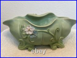 Vintage Weller Pottery Console Bowl, Matte Green with Applied Flowers, c. 1930s