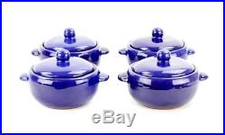 Vintage Wellfleet Pottery Cobalt Blue Set Of 4 Lidded Lug Soup Bowls Rare