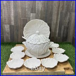 Vintage Whittier Pottery White Cabbage Soup Tureen Set 13 Pc Bowls Ladle