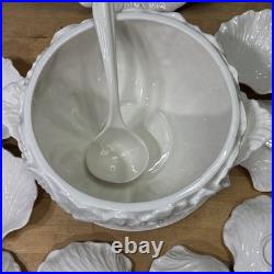 Vintage Whittier Pottery White Cabbage Soup Tureen Set 13 Pc Bowls Ladle