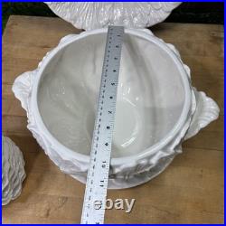 Vintage Whittier Pottery White Cabbage Soup Tureen Set 13 Pc Bowls Ladle