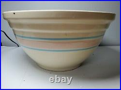 Vintage XL 14 Mixing Bowl McCoy Pink & Blue Stripes USA Oven Ware Yellow Ware