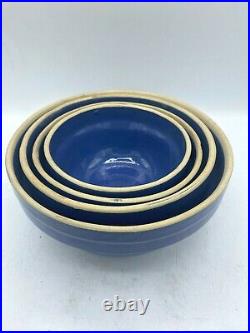 Vintage Yellow Ware Nesting Mixing Bowl Set (4) Cobalt Blue Ribbed Beehive USA