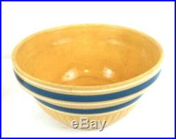 Vintage Yellow Ware Stoneware Pottery Mixing Bowl With Blue Stripe Band Set