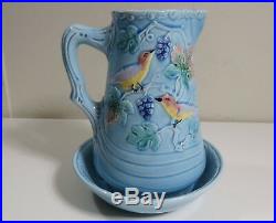Vintage Zell Highmount Majolica Pitcher Birds & Grapes with Bowl #230