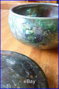 Vintage gun metal RAKU pottery vessel with lid, listed artist Tammerlaine Burwell