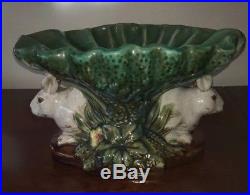 Vintage rare Majolica Rabbit Pedestal Centerpiece Compote / Bowl Signed