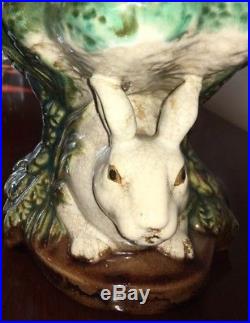 Vintage rare Majolica Rabbit Pedestal Centerpiece Compote / Bowl Signed