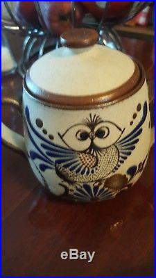 Vintage tonala stoneware hand painted signed'Mex E' Owl/Flowers dishes/pot/bowl
