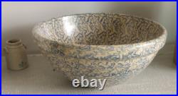 Vintage xtra Large Robinson Ransbottom Blue Spongeware Stoneware Mixing Bowl 16