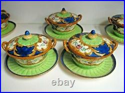 Vtg 1920-30's Marutomoware Hand Paint China Bisque Set Of 6 Lidded Cream Soup