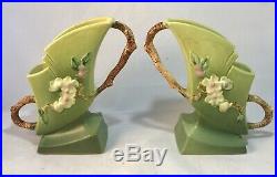 Vtg 3-piece ROSEVILLE Green Apple Blossom Pottery PAIR VASES / CONSOLE BOWL