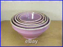 Vtg 5 Piece Yellow Ware Stoneware Pottery Nesting Mixing Bowls Set Lavender RARE
