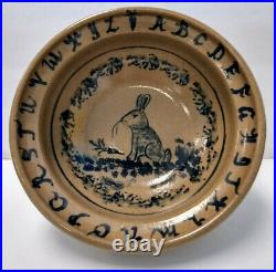Vtg BECKY MUMMERT Folk Art Studio Pottery Blue Stoneware SIGNED RABBIT BOWL