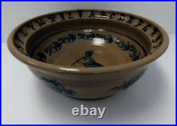Vtg BECKY MUMMERT Folk Art Studio Pottery Blue Stoneware SIGNED RABBIT BOWL