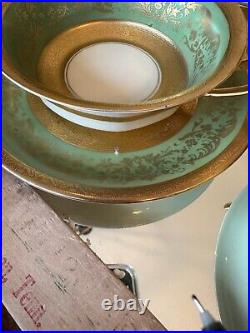 Vtg Bavaria Set of 9 Double Handle Soup Bowls & Saucers Green, Gold Gild & Cream