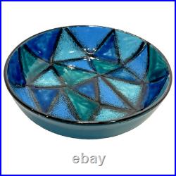 Vtg Bitossi Aldo Londi Vetrata Italy MCM Pottery Bowl Teal Blue Geometric 10.25