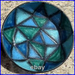 Vtg Bitossi Aldo Londi Vetrata Italy MCM Pottery Bowl Teal Blue Geometric 10.25
