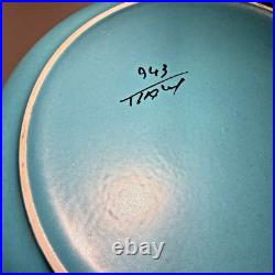 Vtg Bitossi Aldo Londi Vetrata Italy MCM Pottery Bowl Teal Blue Geometric 10.25