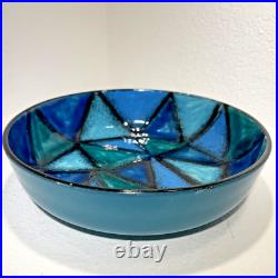 Vtg Bitossi Aldo Londi Vetrata Italy MCM Pottery Bowl Teal Blue Geometric 10.25
