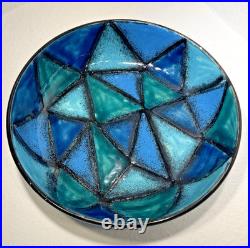 Vtg Bitossi Aldo Londi Vetrata Italy MCM Pottery Bowl Teal Blue Geometric 10.25