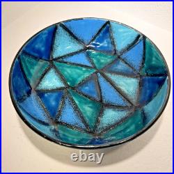 Vtg Bitossi Aldo Londi Vetrata Italy MCM Pottery Bowl Teal Blue Geometric 10.25