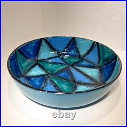 Vtg Bitossi Aldo Londi Vetrata Italy MCM Pottery Bowl Teal Blue Geometric 10.25