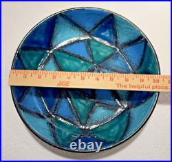 Vtg Bitossi Aldo Londi Vetrata Italy MCM Pottery Bowl Teal Blue Geometric 10.25