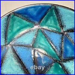 Vtg Bitossi Aldo Londi Vetrata Italy MCM Pottery Bowl Teal Blue Geometric 10.25