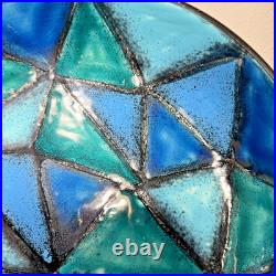 Vtg Bitossi Aldo Londi Vetrata Italy MCM Pottery Bowl Teal Blue Geometric 10.25