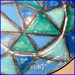 Vtg Bitossi Aldo Londi Vetrata Italy MCM Pottery Bowl Teal Blue Geometric 10.25