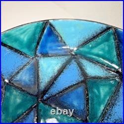 Vtg Bitossi Aldo Londi Vetrata Italy MCM Pottery Bowl Teal Blue Geometric 10.25