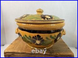 Vtg Country French 19th Century Pottery Bowl/Lid Floral Decor Dk Yellow Browns