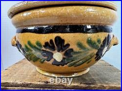 Vtg Country French 19th Century Pottery Bowl/Lid Floral Decor Dk Yellow Browns