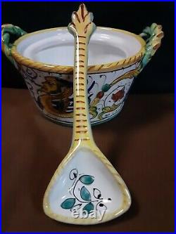 Vtg. FIMA Deruta Italy Majolica Raffaellesco Parmesan Cheese Bowl withLid + Spoon